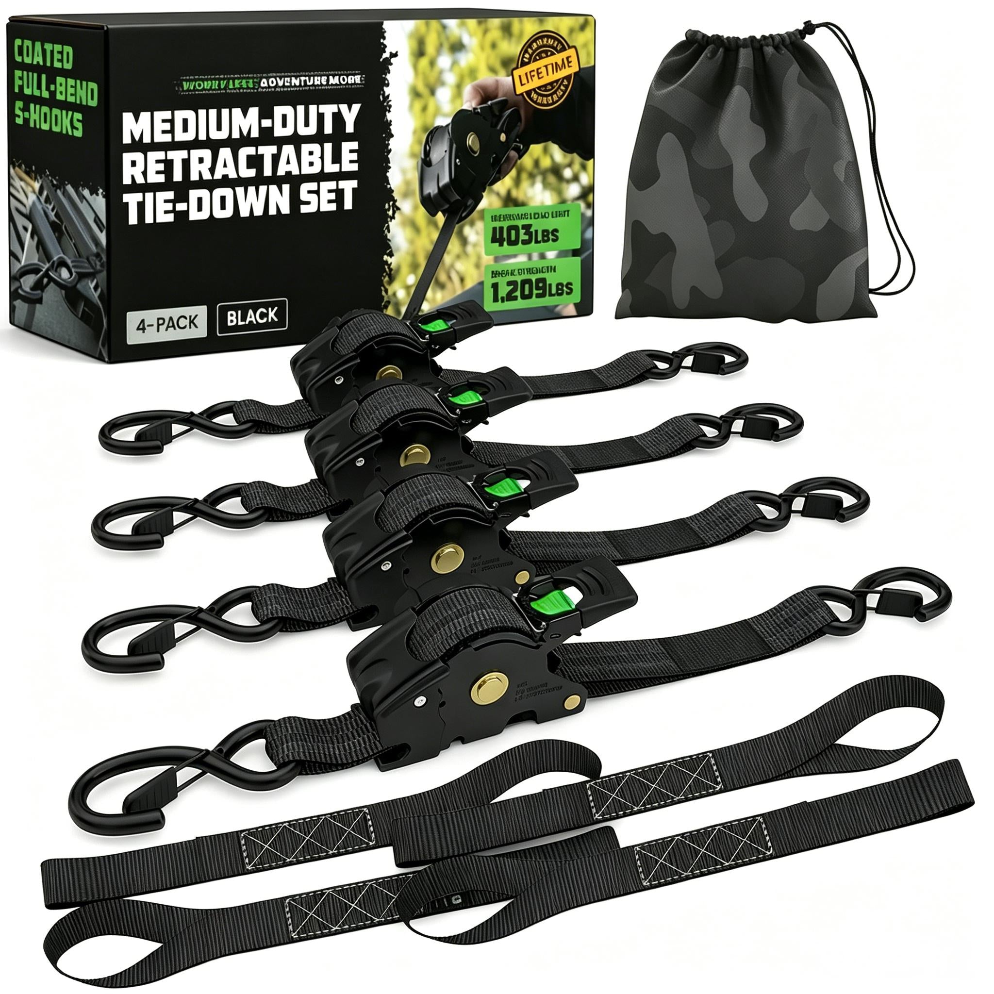 Self-Retracting Ratchet Tie Down Straps 2/4-Pack