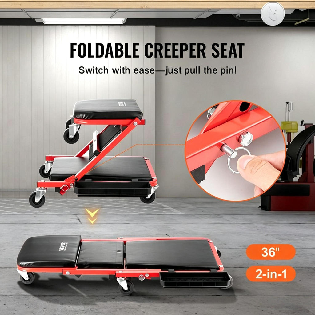 2 in 1 Foldable Mechanic Creeper Seat /36 Inch Rolling Garage Stool /450 LBS Capacity