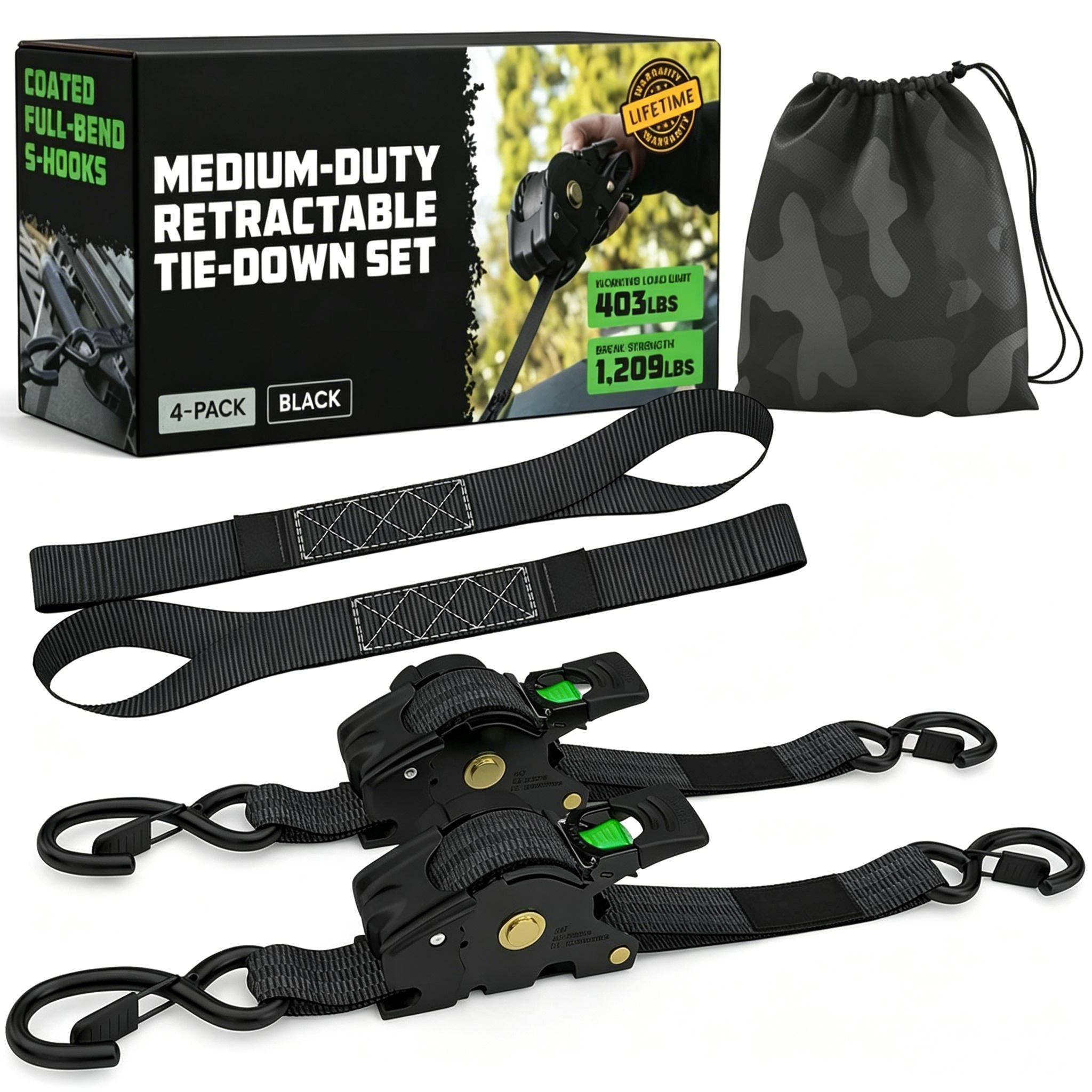Self-Retracting Ratchet Tie Down Straps 2/4-Pack