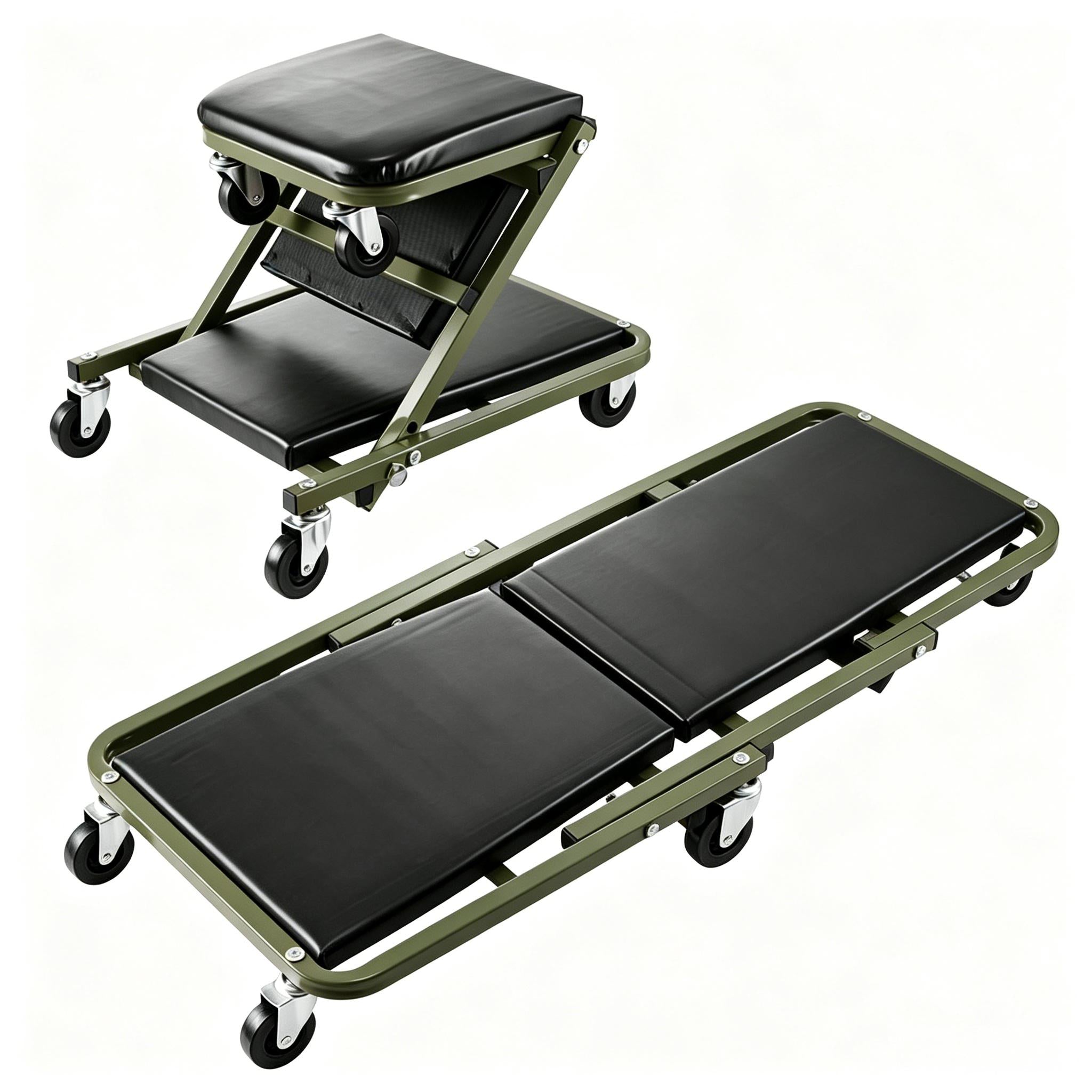 2 in 1 Foldable Mechanic Creeper Seat /36 Inch Rolling Garage Stool /450 LBS Capacity