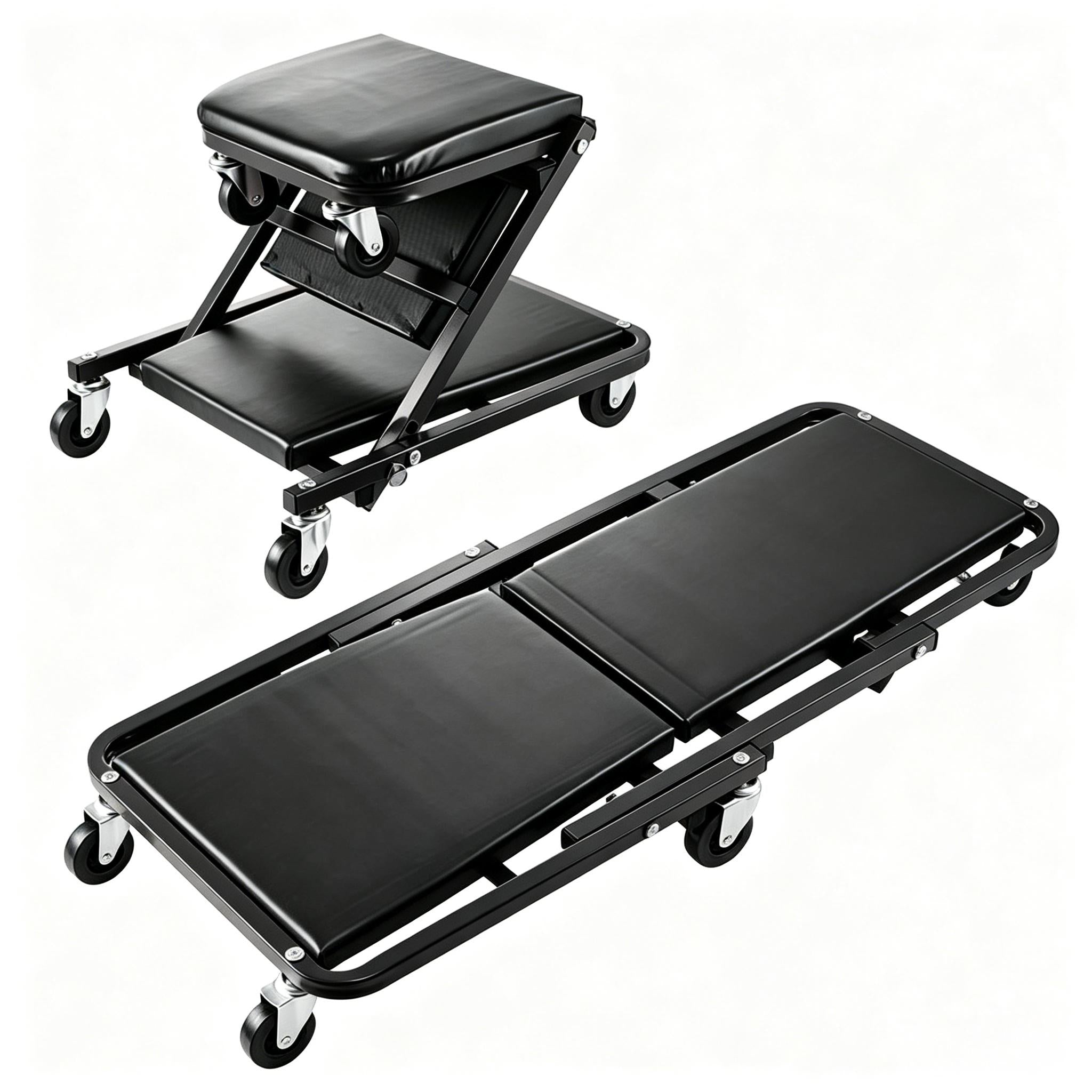 2 in 1 Foldable Mechanic Creeper Seat /36 Inch Rolling Garage Stool /450 LBS Capacity