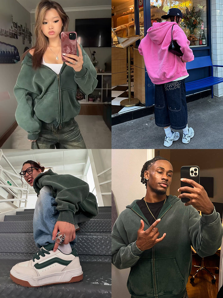 INFLATION Washed Distressed Fleece Zip Up Hoodies