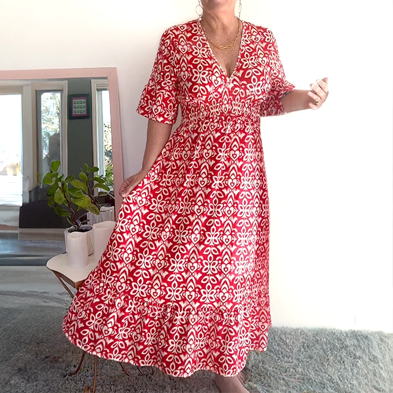 Hot Sale Bohemian casual print V-neck waist wrap long dress