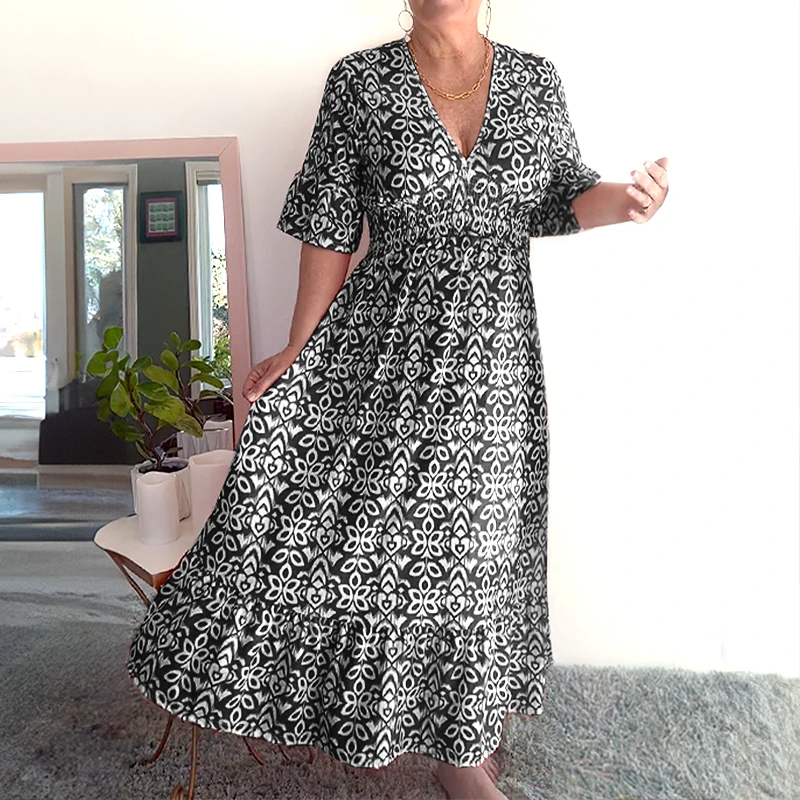 Hot Sale Bohemian casual print V-neck waist wrap long dress