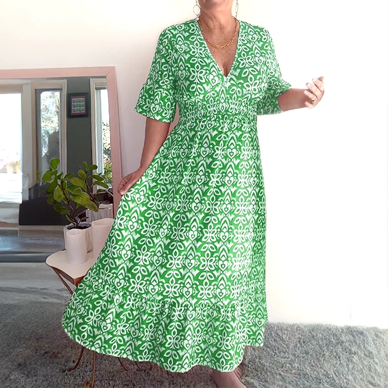 Hot Sale Bohemian casual print V-neck waist wrap long dress