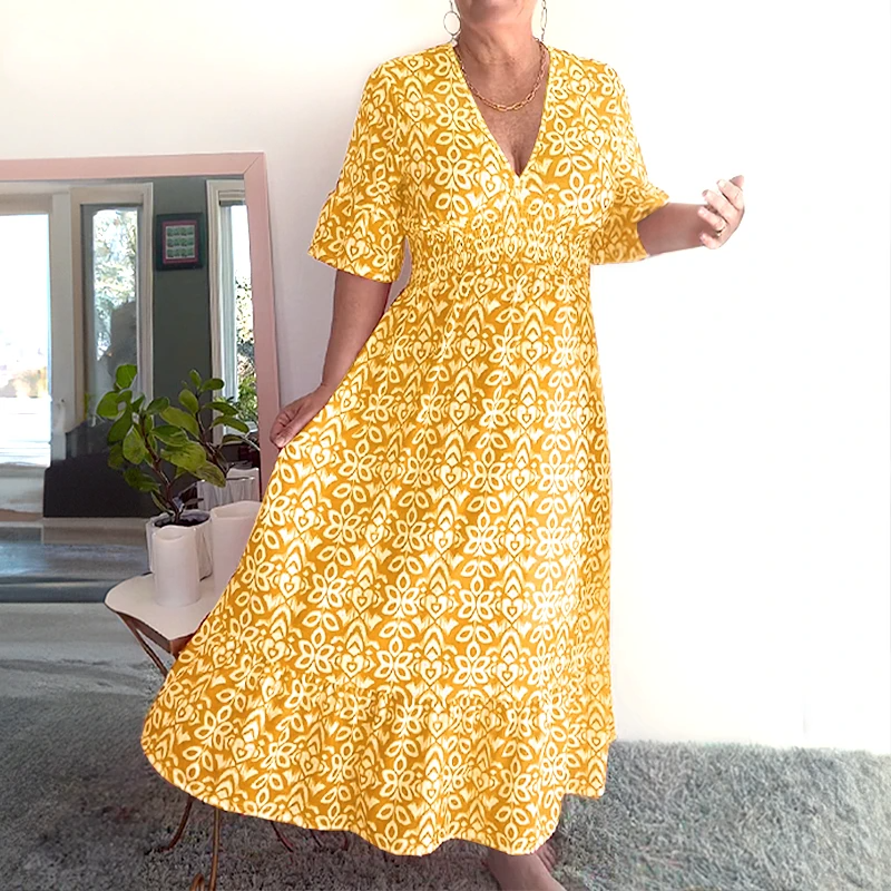 Hot Sale Bohemian casual print V-neck waist wrap long dress